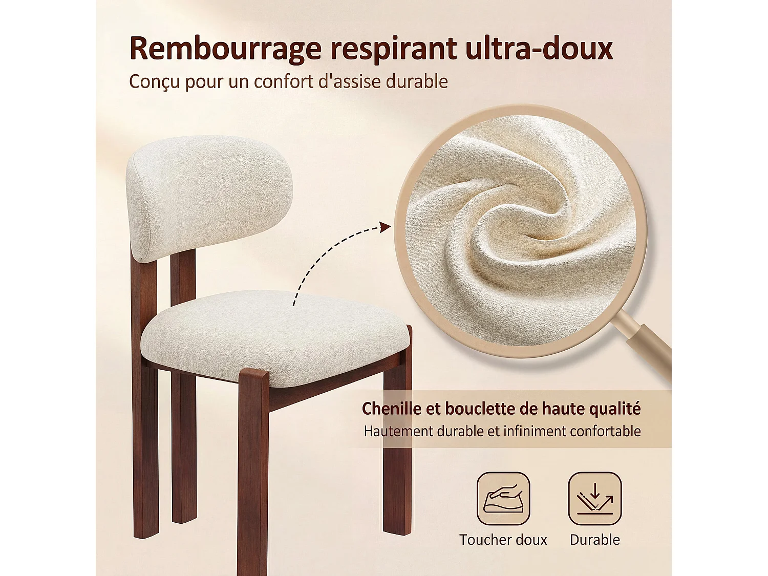 Lot de 6 chaises beige SMARTUE, revêtement en tissu chenille, assise épaisse, dossier incurvé, pieds en bois d’hévéa couleur noyer foncé