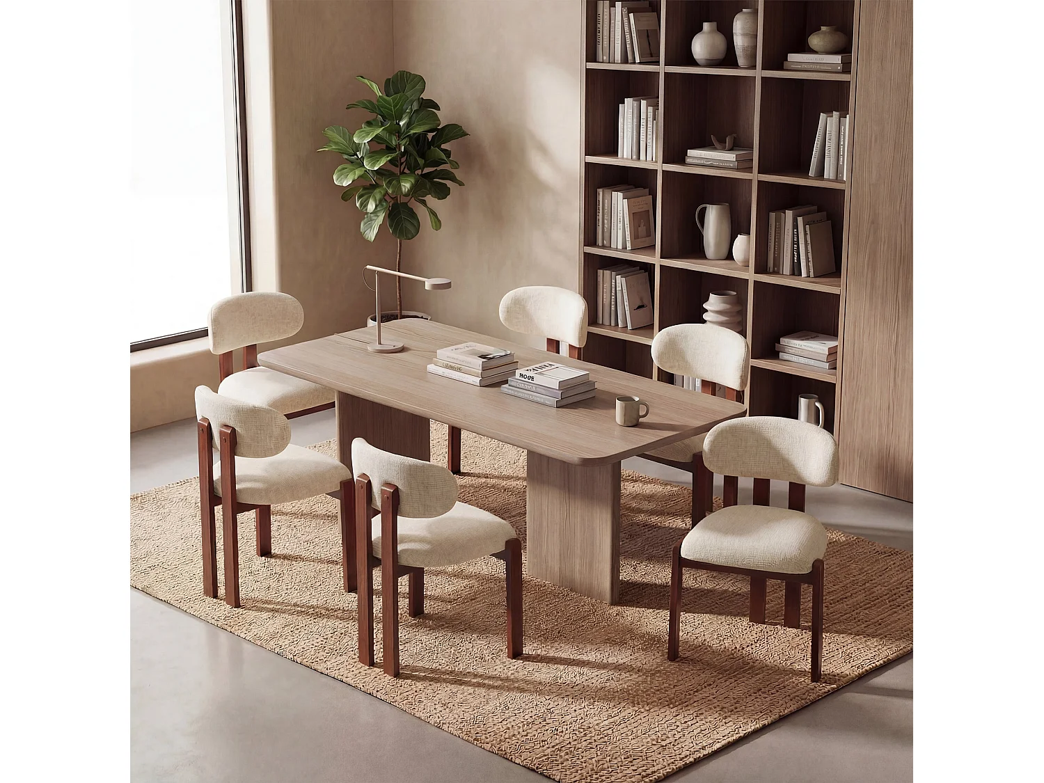 Lot de 6 chaises beige SMARTUE, revêtement en tissu chenille, assise épaisse, dossier incurvé, pieds en bois d’hévéa couleur noyer foncé