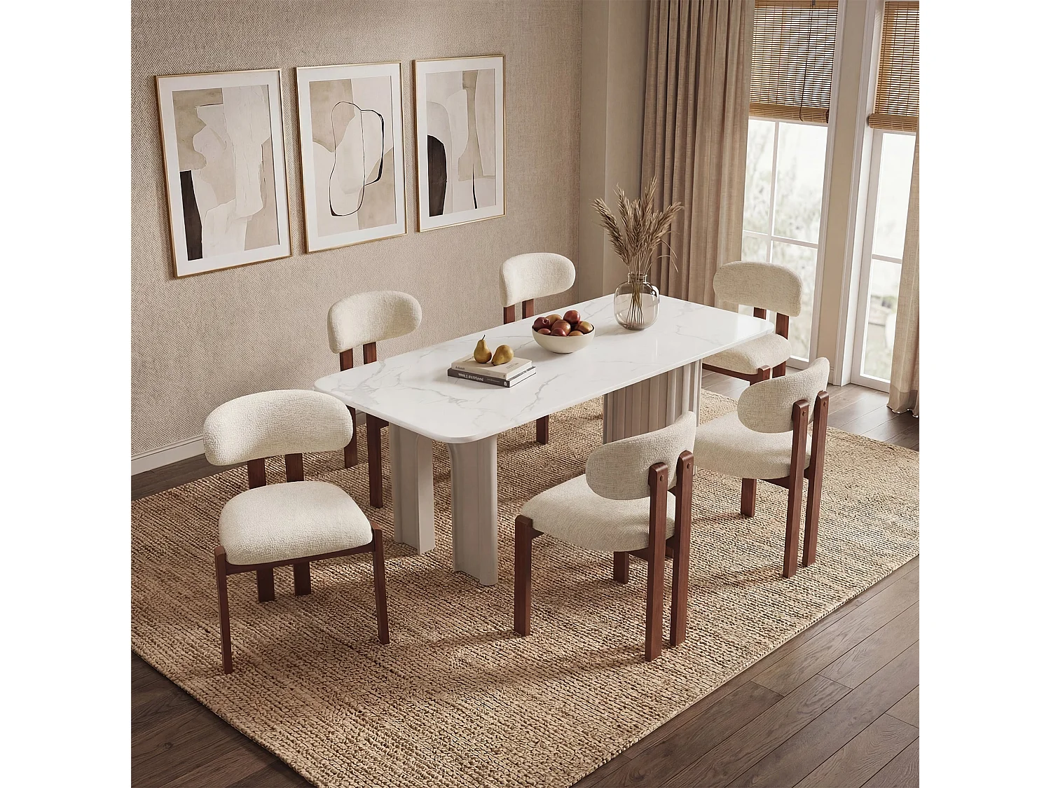 Lot de 6 chaises beige SMARTUE, revêtement en tissu chenille, assise épaisse, dossier incurvé, pieds en bois d’hévéa couleur noyer foncé