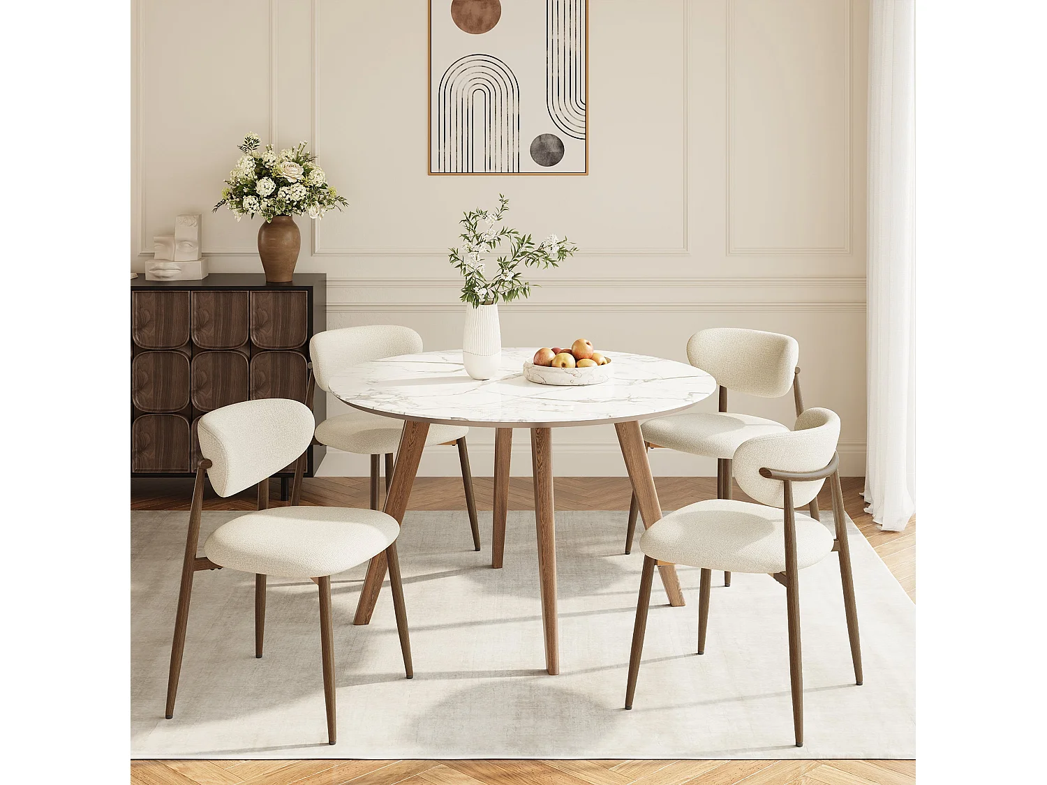 Set van 4 eetkamerstoelen SMARTUE, gestoffeerd, gebogen rugleuning, metalen poten met antislipdoppen, beige