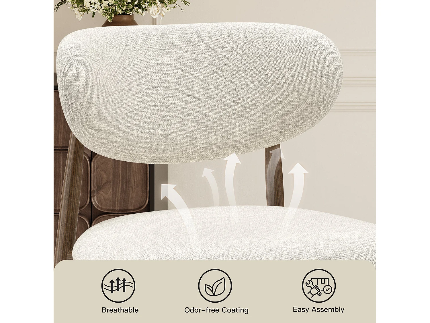 Set van 4 eetkamerstoelen SMARTUE, gestoffeerd, gebogen rugleuning, metalen poten met antislipdoppen, beige