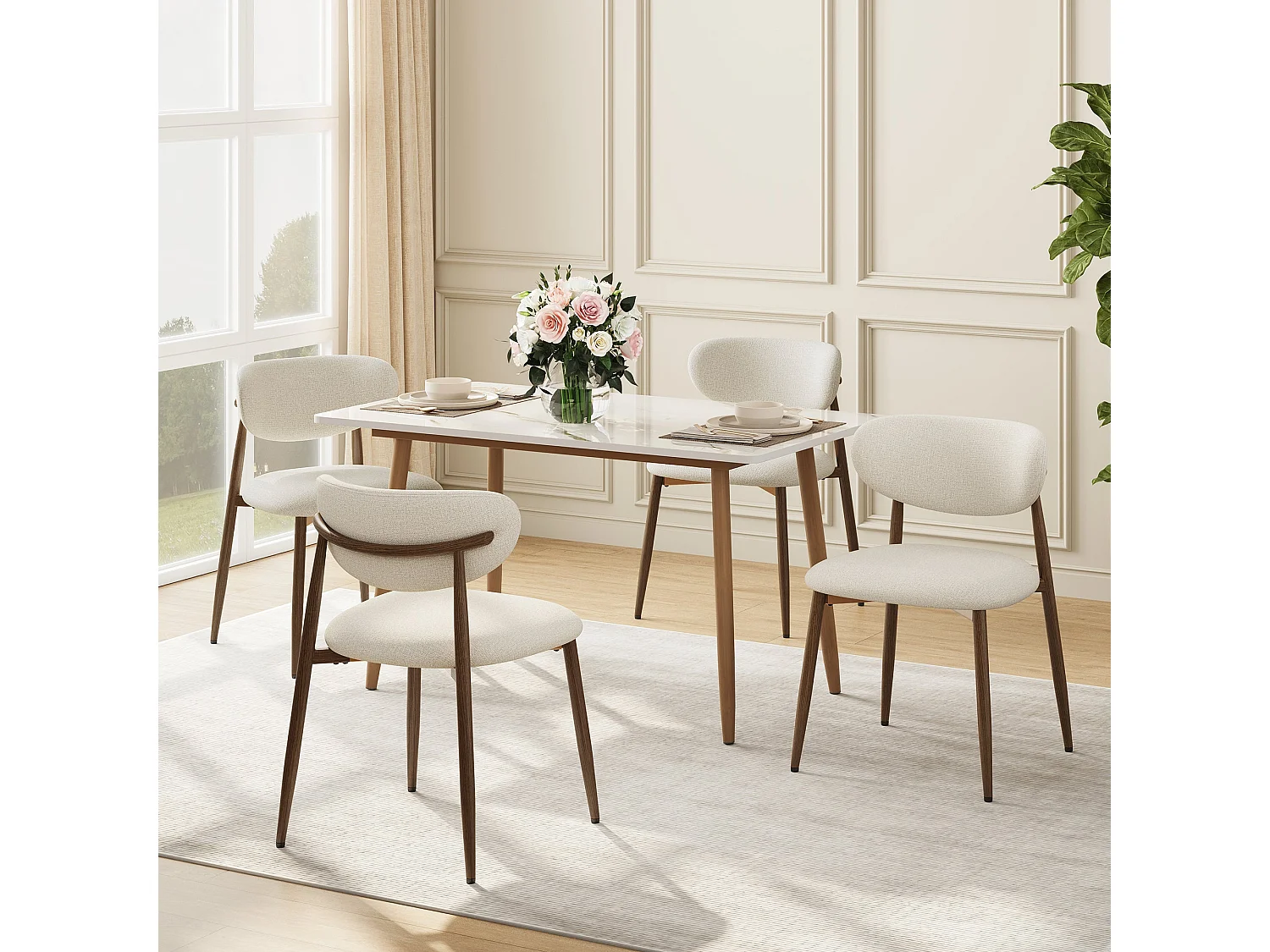 Set van 4 eetkamerstoelen SMARTUE, gestoffeerd, gebogen rugleuning, metalen poten met antislipdoppen, beige
