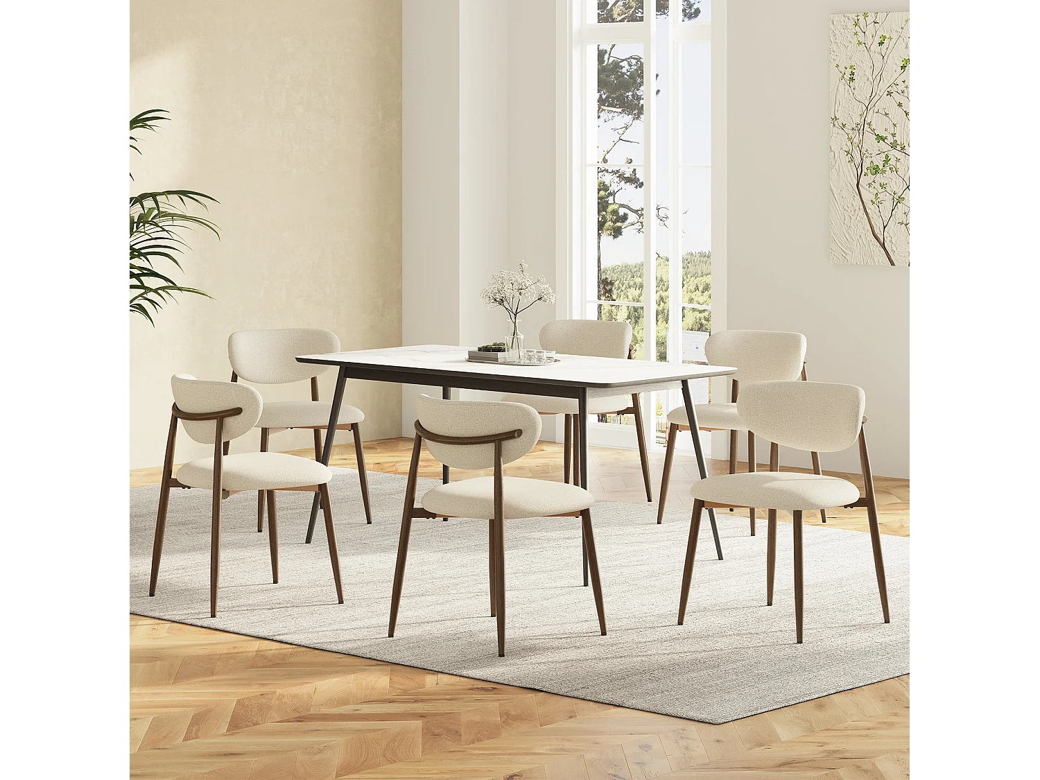 Set van 4 eetkamerstoelen SMARTUE, gestoffeerd, gebogen rugleuning, metalen poten met antislipdoppen, beige