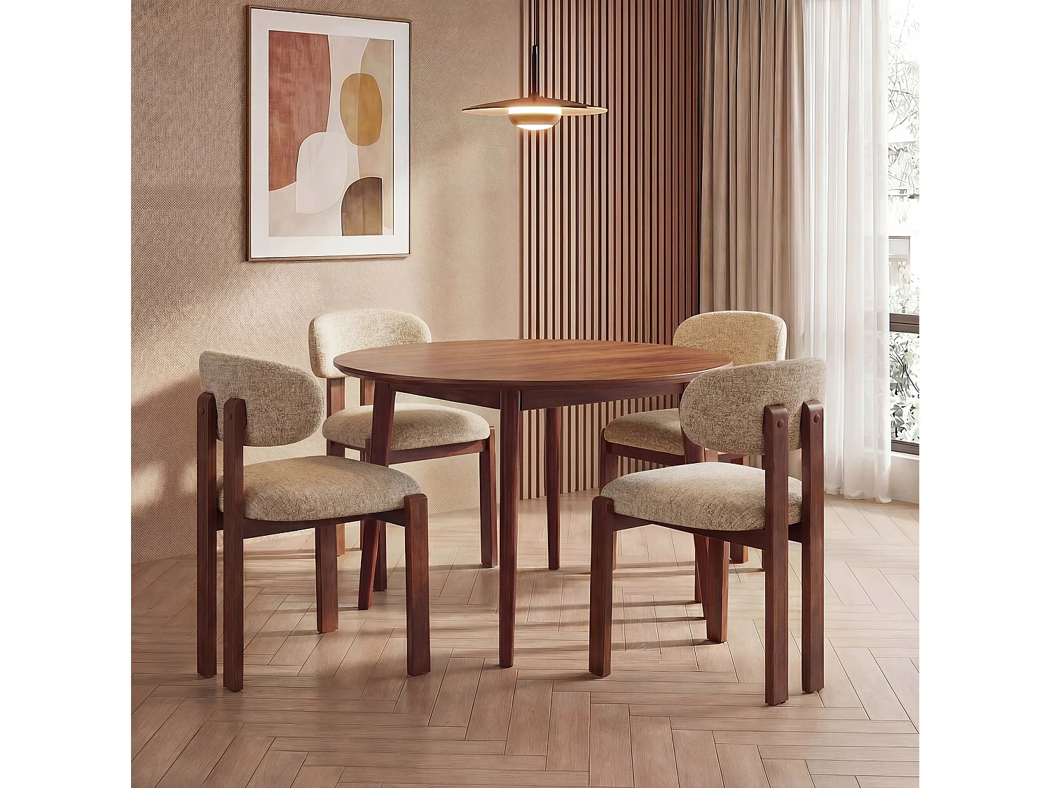 Set di 4 sedie caramello SMARTUE, rivestimento in tessuto ciniglia, seduta spessa, schienale curvo, gambe in legno di hevea color noce scuro