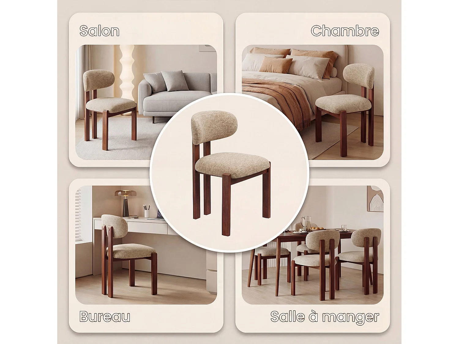 Set di 4 sedie caramello SMARTUE, rivestimento in tessuto ciniglia, seduta spessa, schienale curvo, gambe in legno di hevea color noce scuro