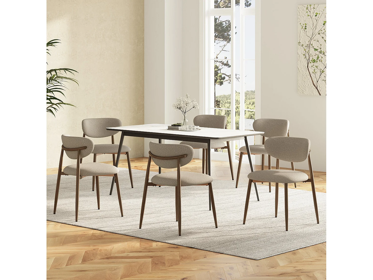 Set van 4 eetkamerstoelen SMARTUE, gestoffeerd, gebogen rugleuning, metalen poten met antislipdoppen, bruin