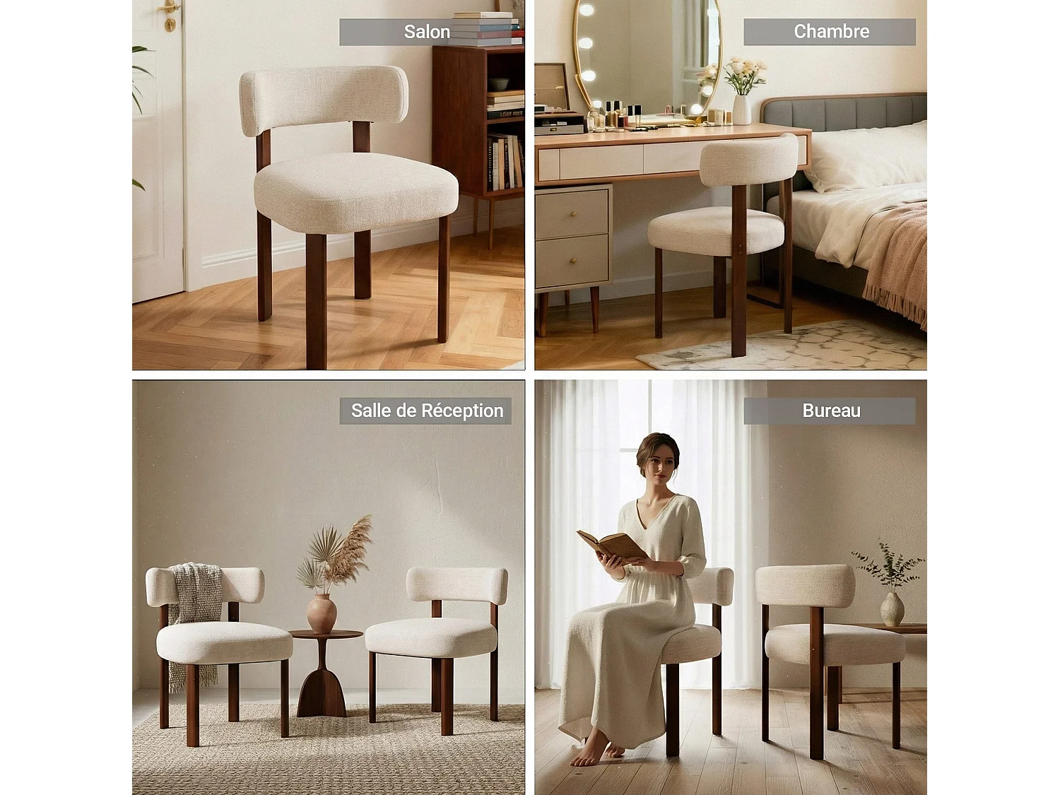 Lot de 6 chaises de salle à manger en bois massif avoine, tissu bouclé, dossier incurvé