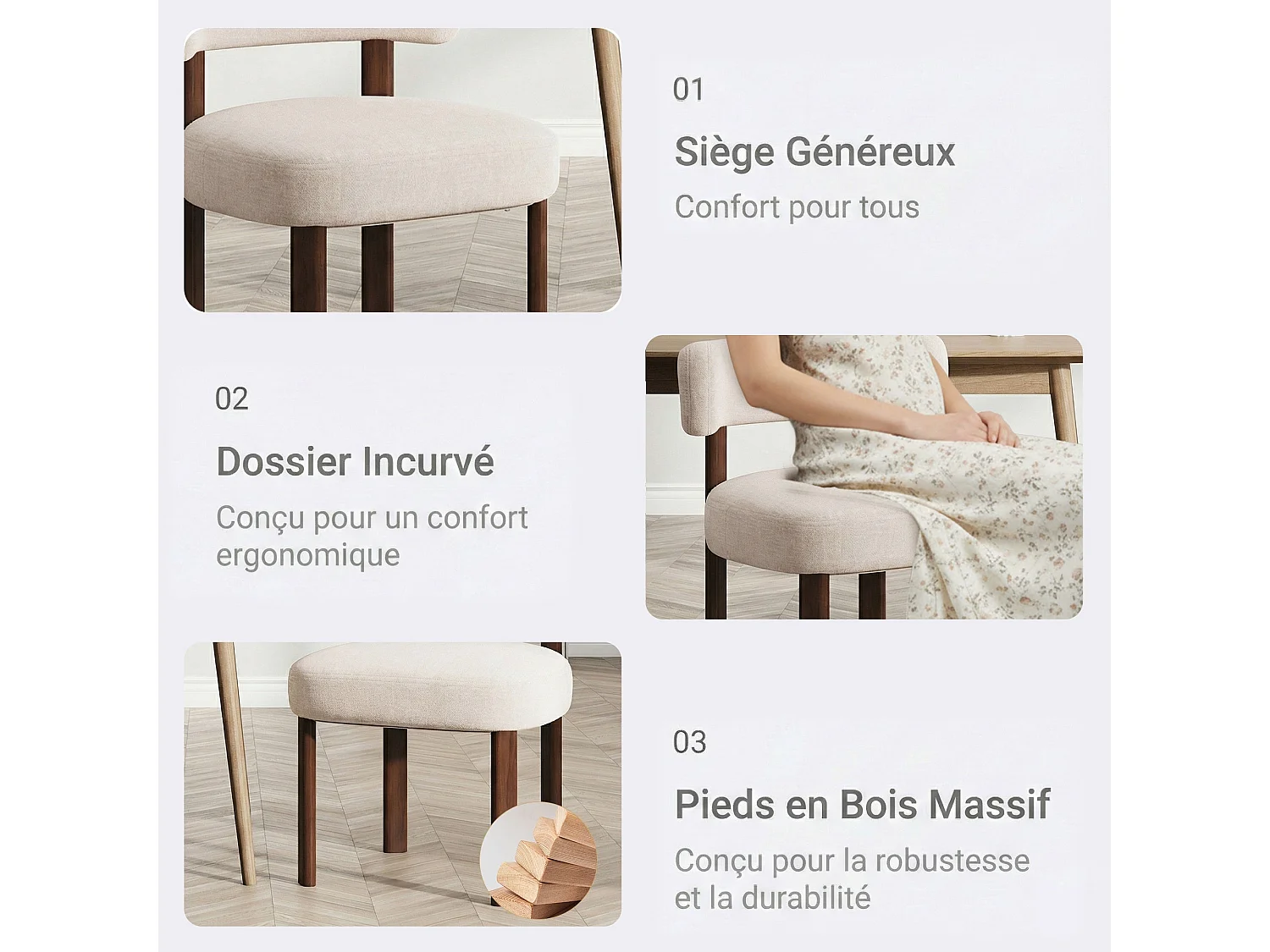 Lot de 6 chaises de salle à manger en bois massif avoine, tissu bouclé, dossier incurvé