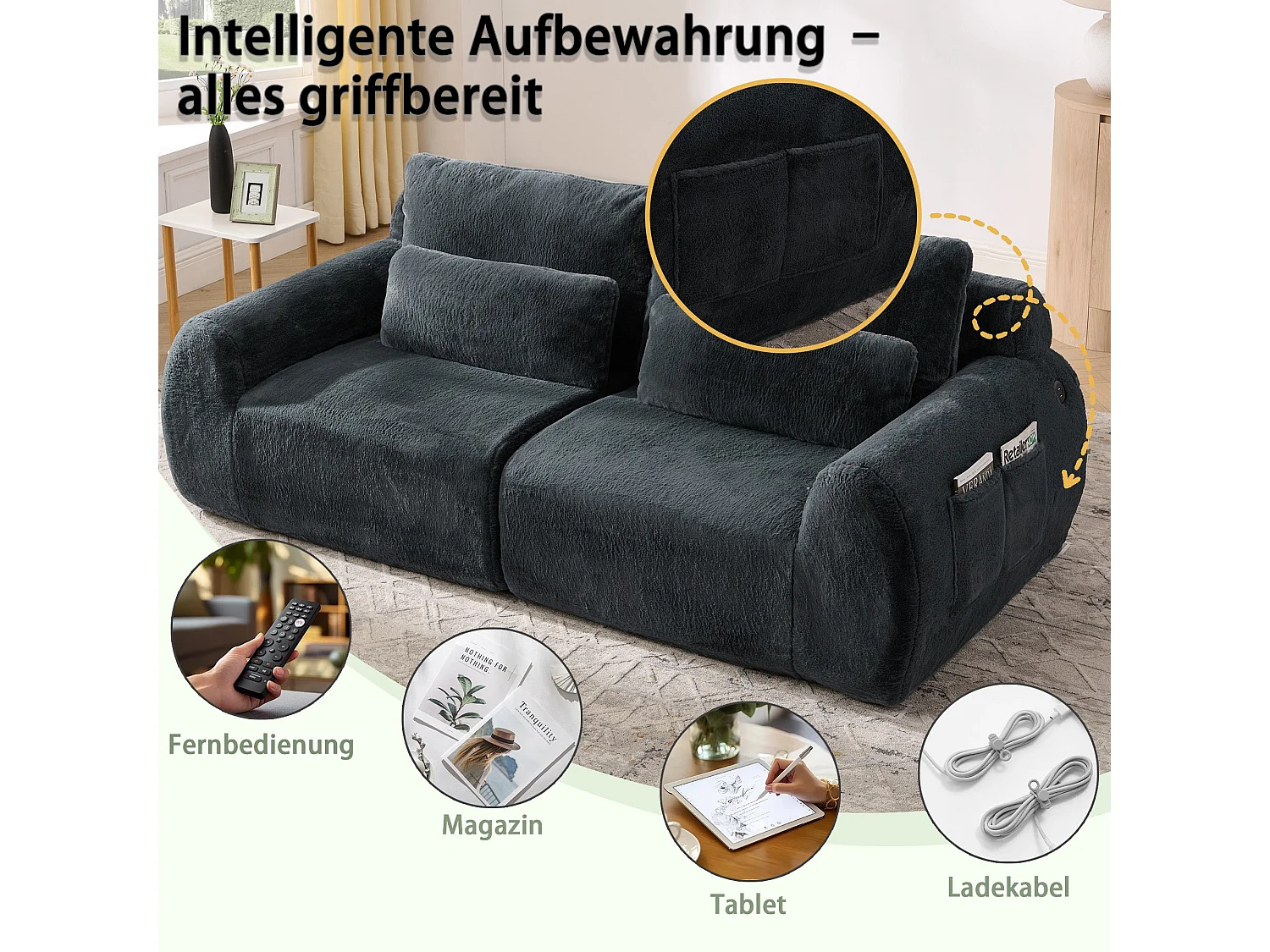 Canapé 2 Places Gris, Canapé loveseat, Tissu Doux Effet Fourrure de Lapin, Dossier Haut, USB et Pochette Latérale