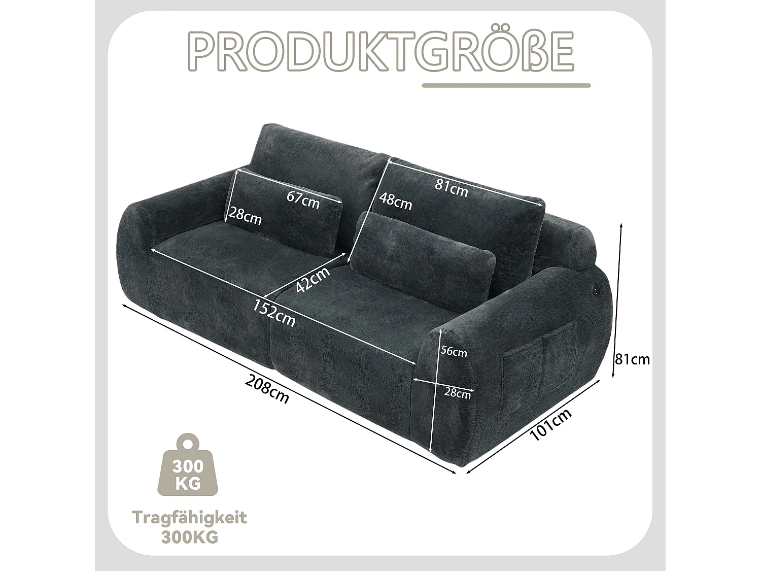 Canapé 2 Places Gris, Canapé loveseat, Tissu Doux Effet Fourrure de Lapin, Dossier Haut, USB et Pochette Latérale