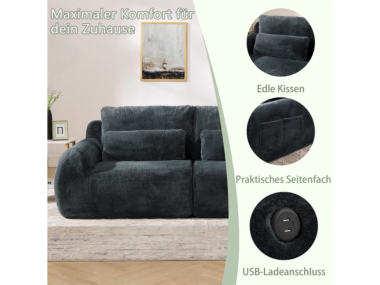 Canapé 2 Places Gris, Canapé loveseat, Tissu Doux Effet Fourrure de Lapin, Dossier Haut, USB et Pochette Latérale