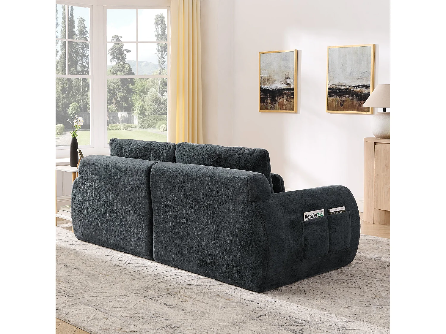 Canapé 2 Places Gris, Canapé loveseat, Tissu Doux Effet Fourrure de Lapin, Dossier Haut, USB et Pochette Latérale