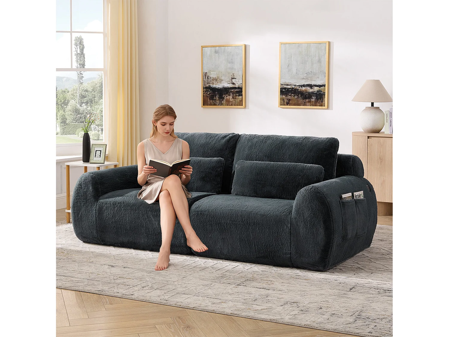 Canapé 2 Places Gris, Canapé loveseat, Tissu Doux Effet Fourrure de Lapin, Dossier Haut, USB et Pochette Latérale