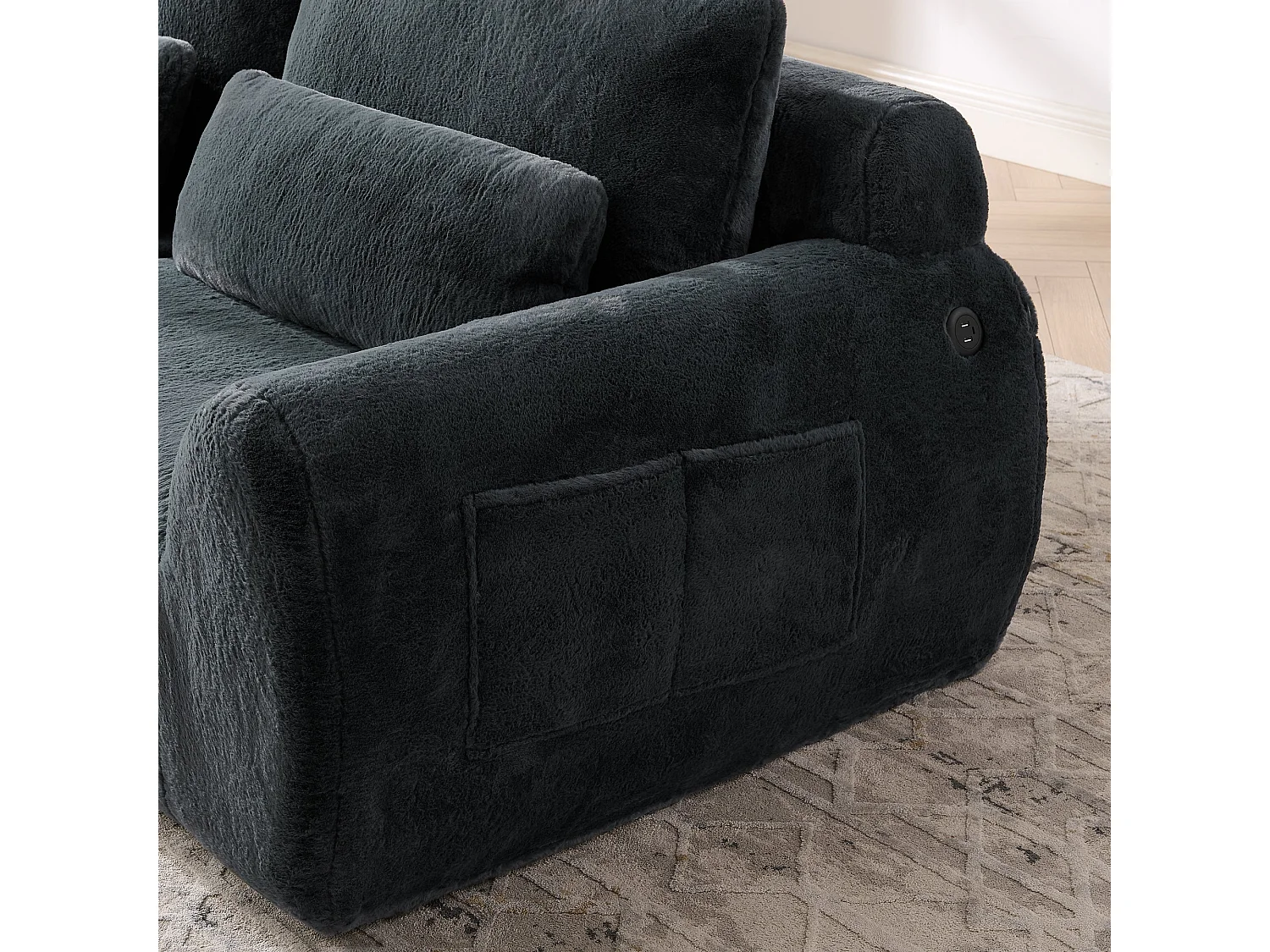 Canapé 2 Places Gris, Canapé loveseat, Tissu Doux Effet Fourrure de Lapin, Dossier Haut, USB et Pochette Latérale