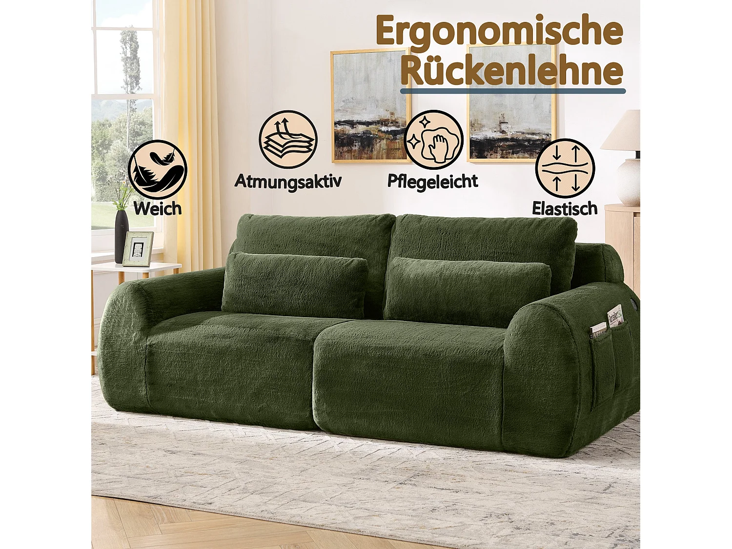 Canapé 2 Places Vert, Canapé loveseat, Tissu Doux Effet Fourrure de Lapin, Dossier Haut, USB et Pochette Latérale
