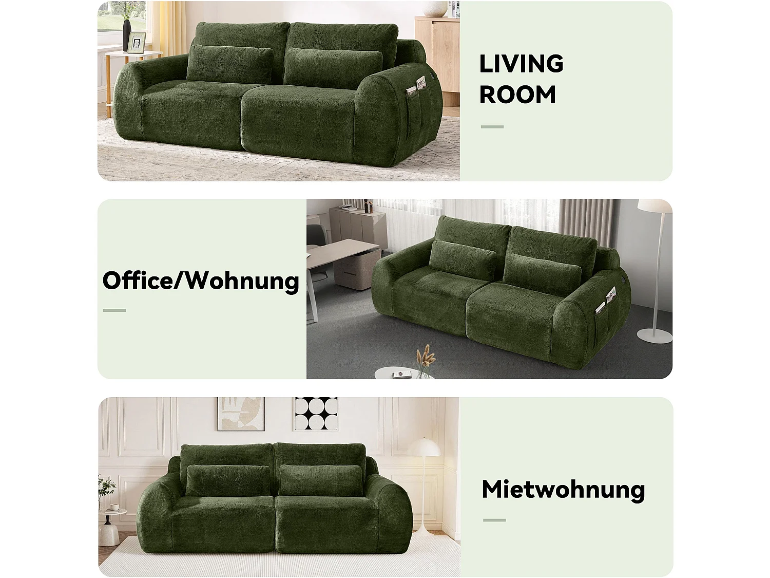 Canapé 2 Places Vert, Canapé loveseat, Tissu Doux Effet Fourrure de Lapin, Dossier Haut, USB et Pochette Latérale