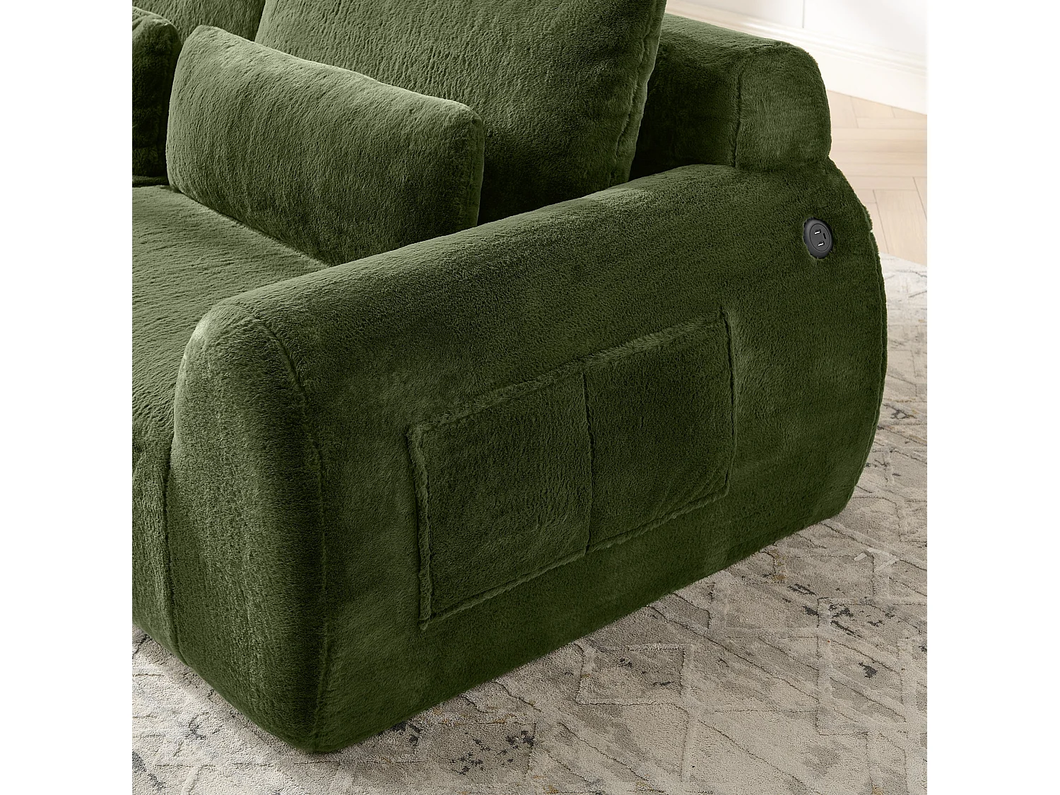 Canapé 2 Places Vert, Canapé loveseat, Tissu Doux Effet Fourrure de Lapin, Dossier Haut, USB et Pochette Latérale