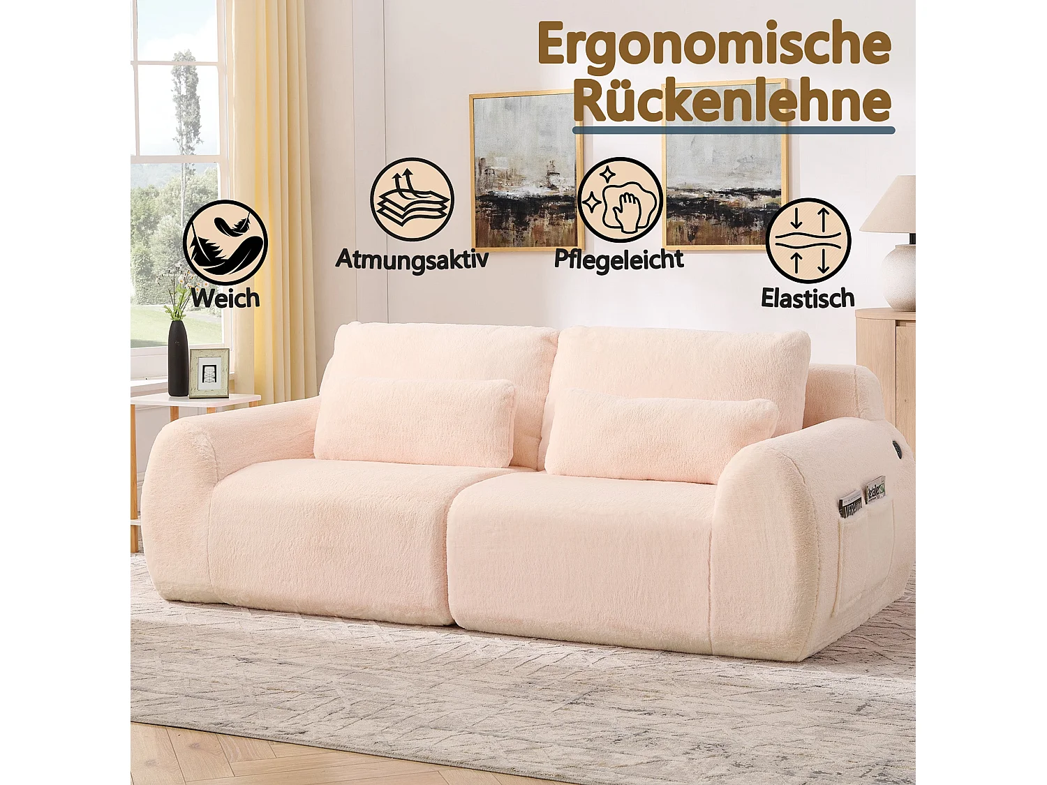 Canapé 2 Places Rose, Canapé loveseat, Tissu Doux Effet Fourrure de Lapin, Dossier Haut, USB et Pochette Latérale