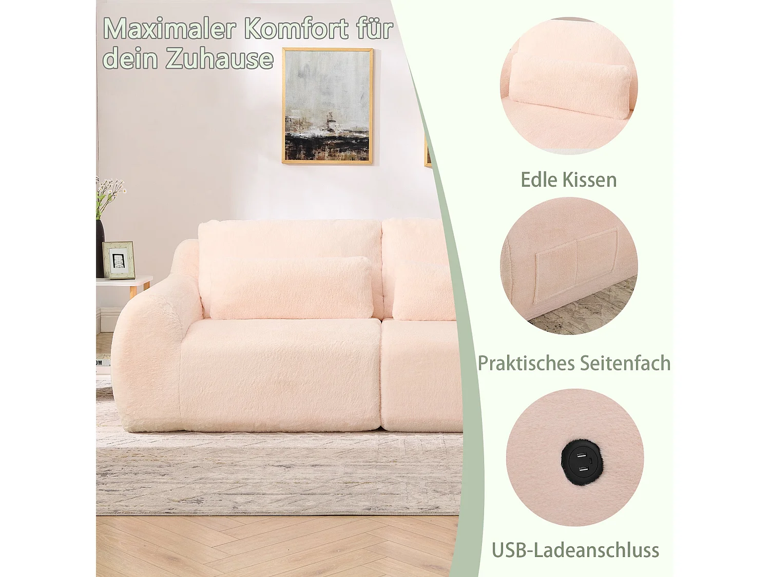 Canapé 2 Places Rose, Canapé loveseat, Tissu Doux Effet Fourrure de Lapin, Dossier Haut, USB et Pochette Latérale