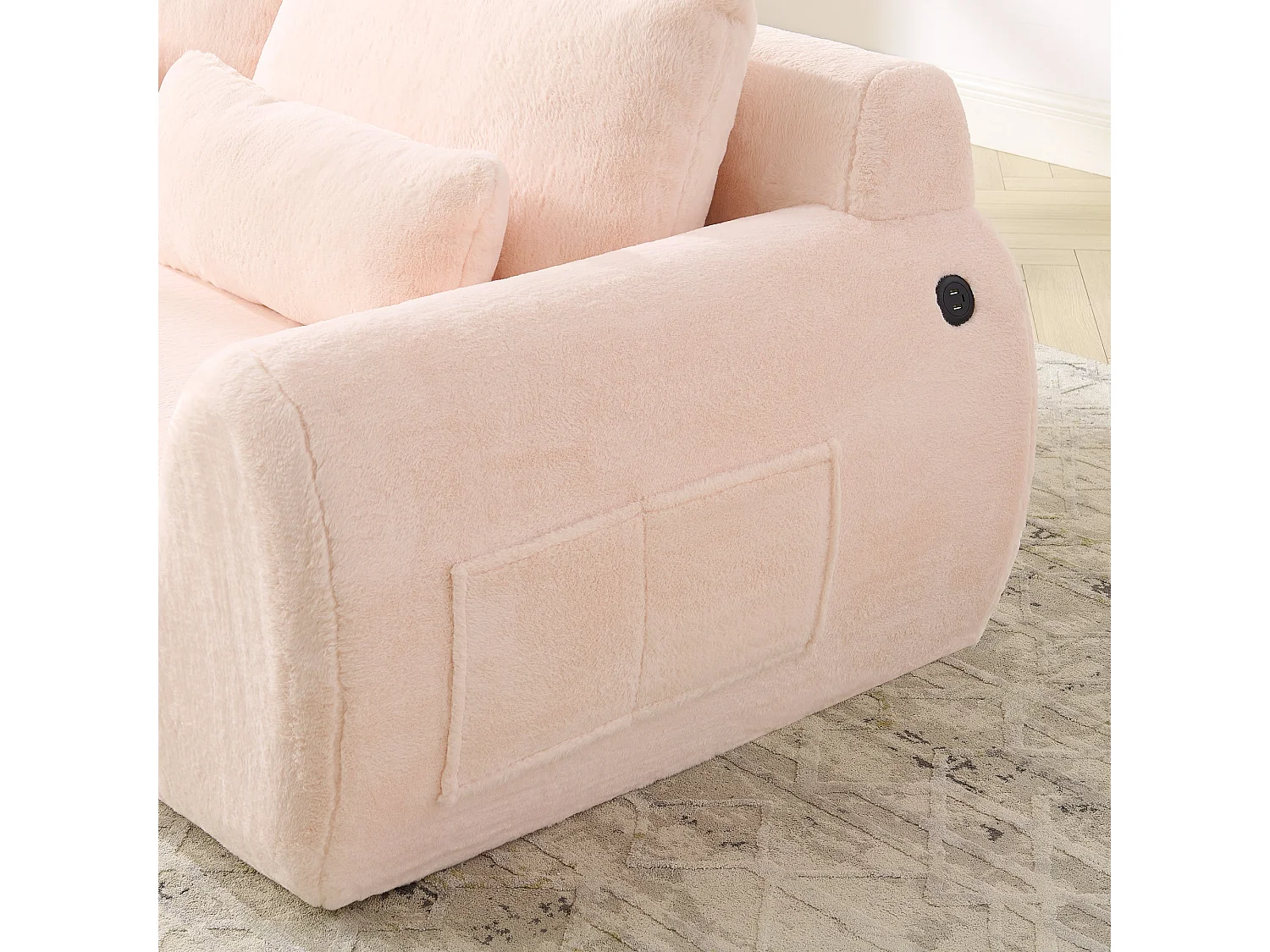 Canapé 2 Places Rose, Canapé loveseat, Tissu Doux Effet Fourrure de Lapin, Dossier Haut, USB et Pochette Latérale