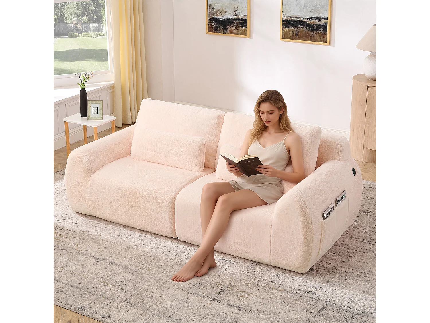 Canapé 2 Places Rose, Canapé loveseat, Tissu Doux Effet Fourrure de Lapin, Dossier Haut, USB et Pochette Latérale