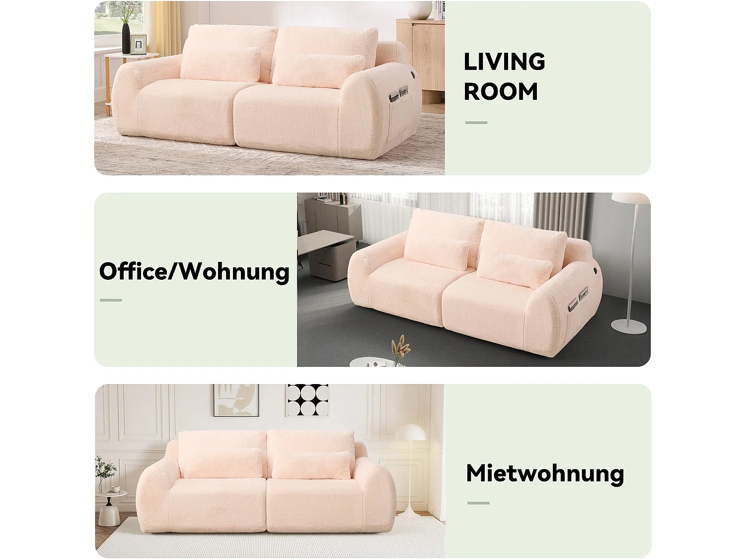 Canapé 2 Places Rose, Canapé loveseat, Tissu Doux Effet Fourrure de Lapin, Dossier Haut, USB et Pochette Latérale