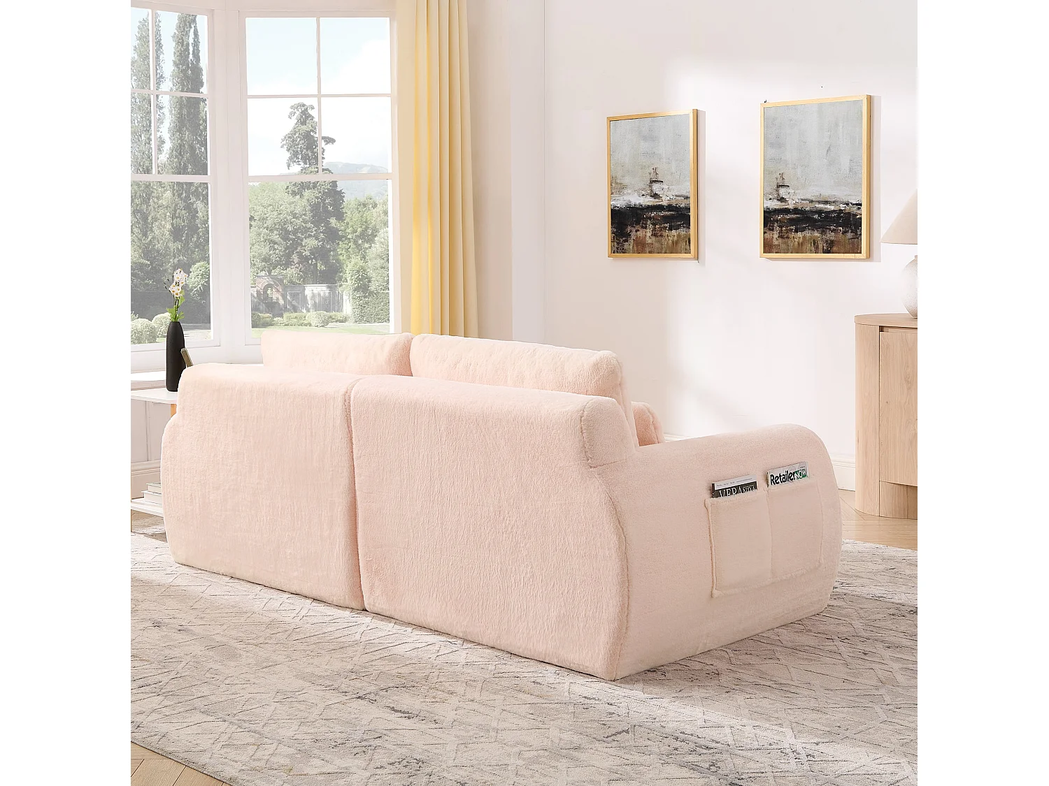 Canapé 2 Places Rose, Canapé loveseat, Tissu Doux Effet Fourrure de Lapin, Dossier Haut, USB et Pochette Latérale