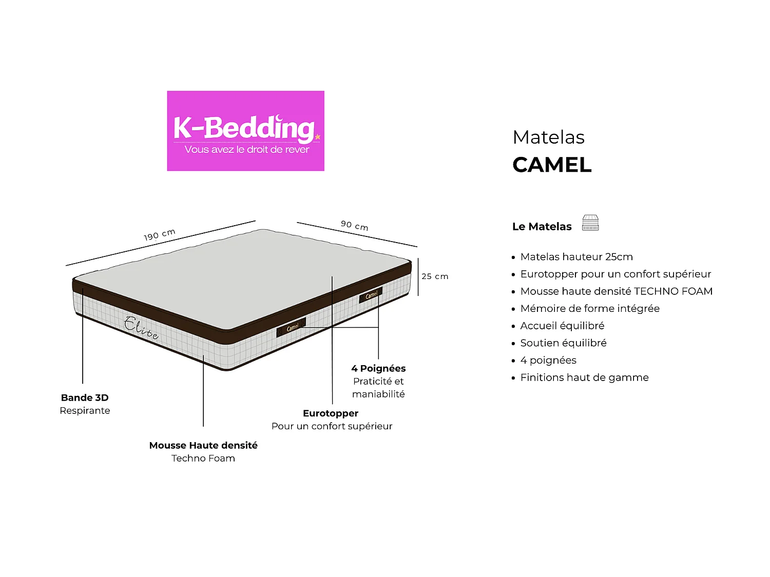 Matelas 90x190 cm Camel Hauteur 25 cm avec Eurotopper Confort Supérieur Mémoire de forme Intégrée Soutien équilibré