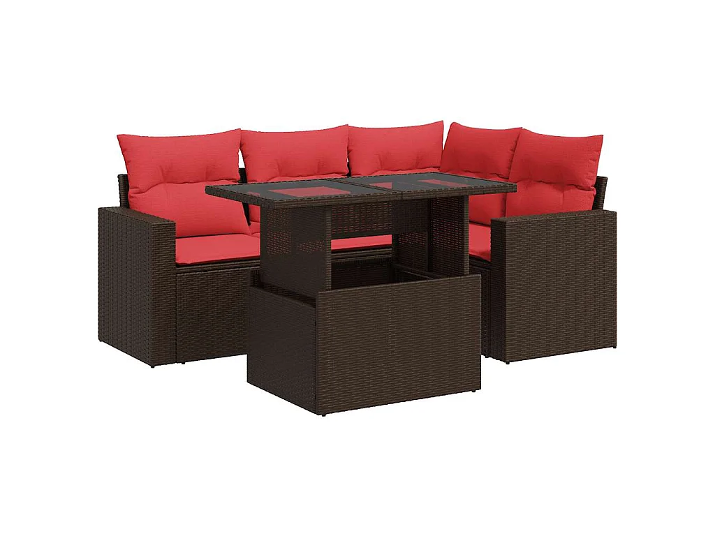Salon de jardin avec coussins 5 pièces marron résine tressée acacia