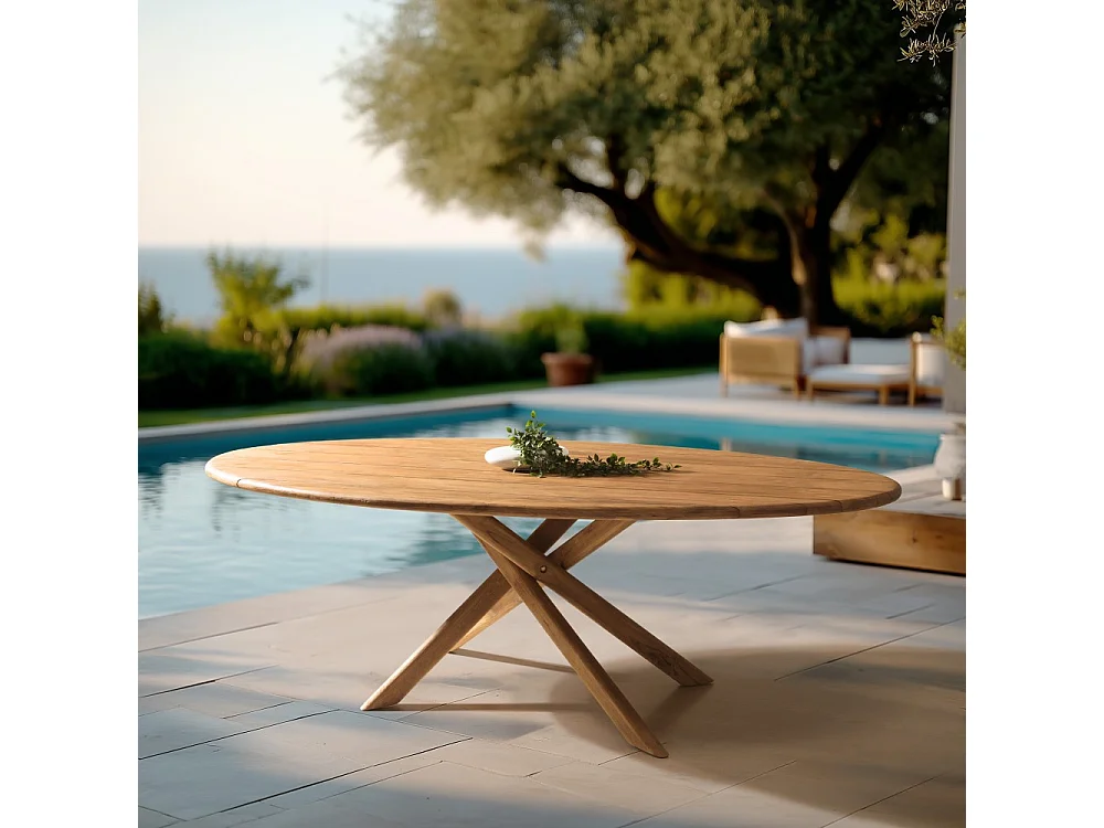 COLINE - Table à manger de jardin ovale 240x120cm en bois de teck recyclé (2 COLIS)