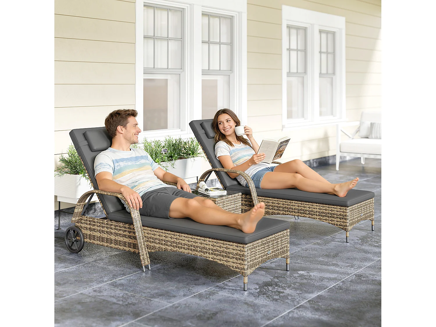 Lot de 2 bains de soleil inclinables tout confort avec table d'appoint résine tressée beige