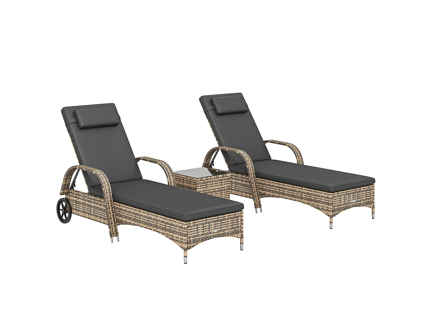 Lot de 2 bains de soleil inclinables tout confort avec table d'appoint résine tressée beige