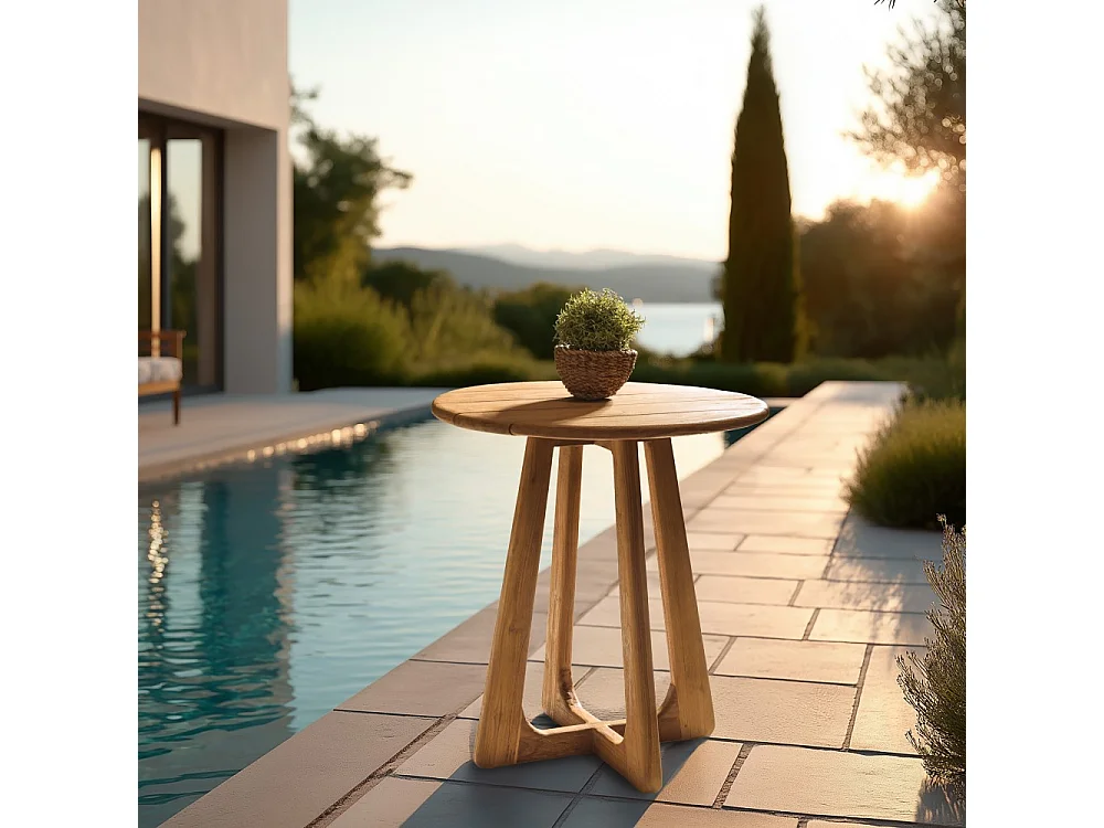 COLINE - Table à manger de jardin ronde en bois de teck recyclé D70cm (2 COLIS)