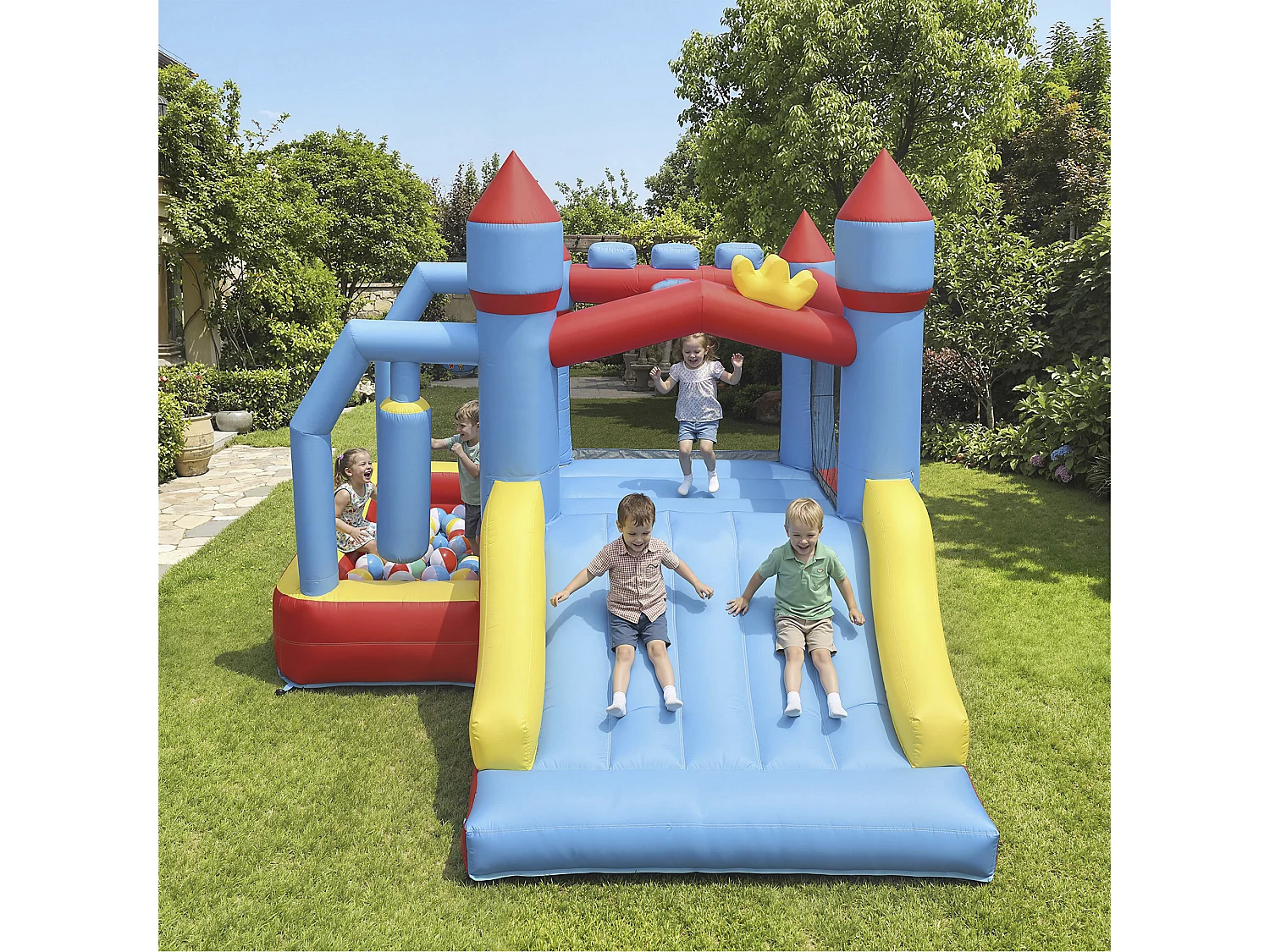 Château gonflable 5 en 1 piscine toboggan trampoline panier de basket sac de frappe