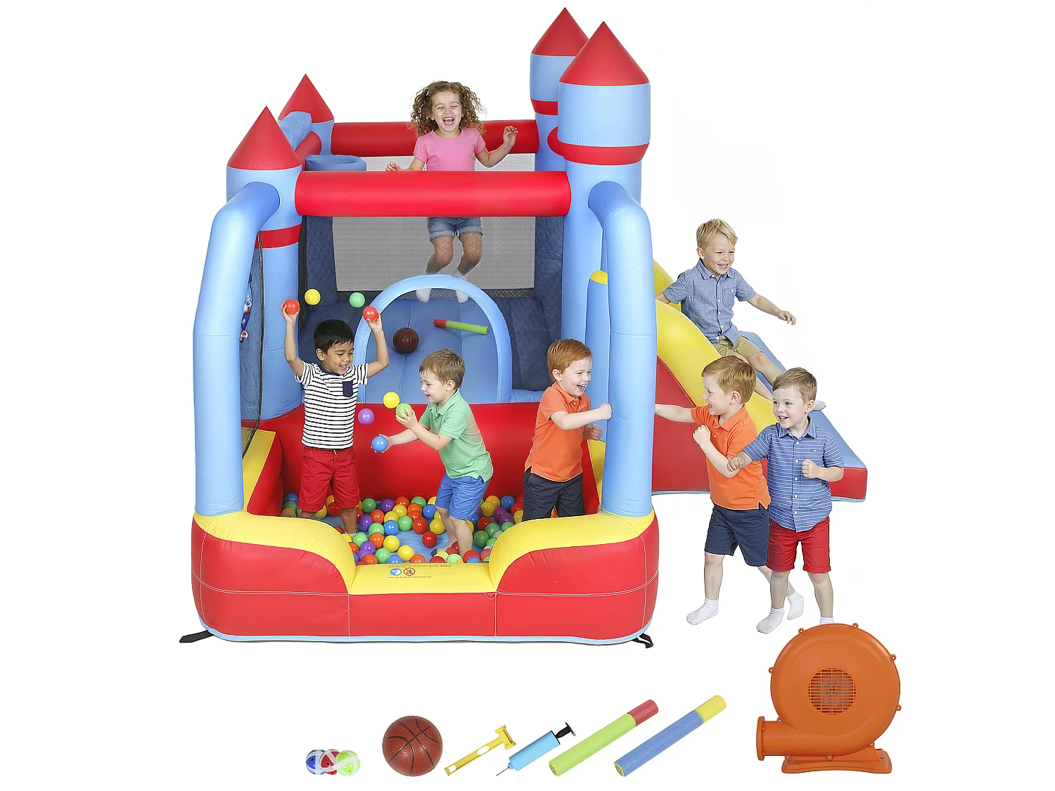 Château gonflable 5 en 1 piscine toboggan trampoline panier de basket sac de frappe