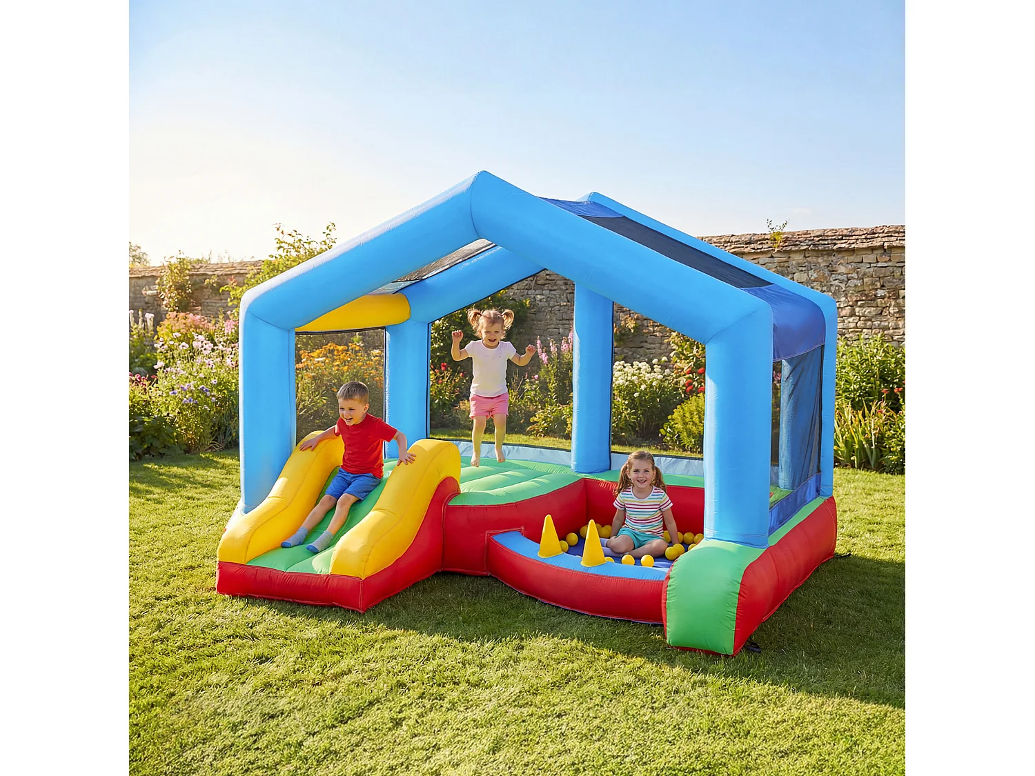 Château gonflable 4 en 1 trampoline, toboggan, piscine, jeu d'adresse