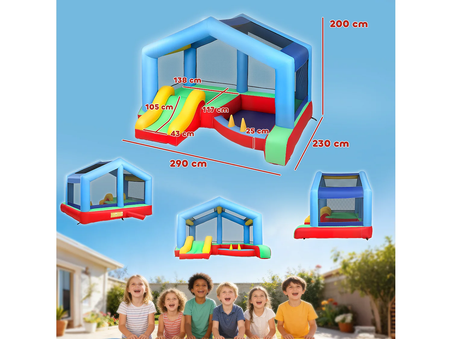 Château gonflable 4 en 1 trampoline, toboggan, piscine, jeu d'adresse