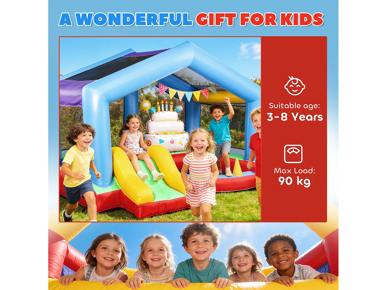 Château gonflable 4 en 1 trampoline, toboggan, piscine, jeu d'adresse