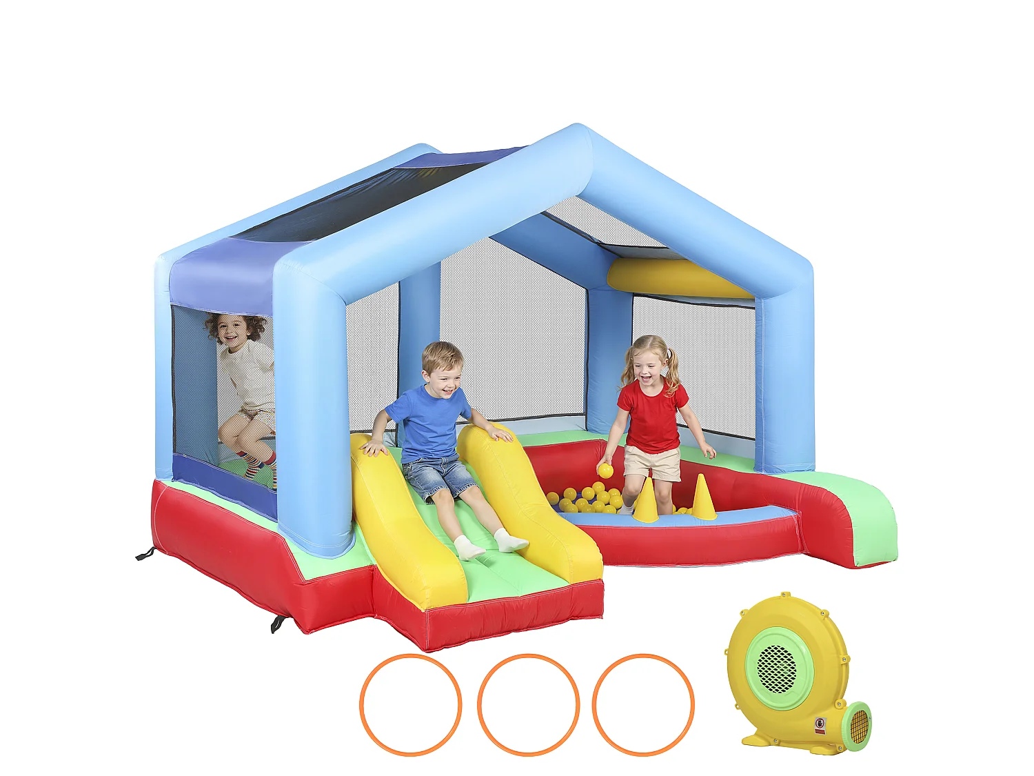 Château gonflable 4 en 1 trampoline, toboggan, piscine, jeu d'adresse