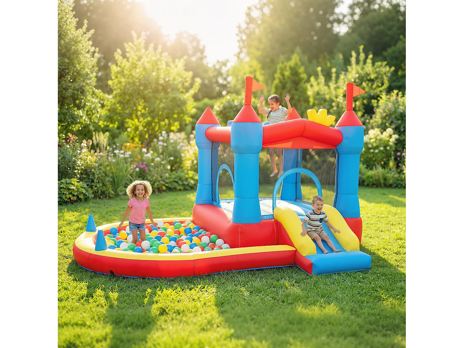 Château gonflable 4 en 1 piscine toboggan trampoline panier de basket