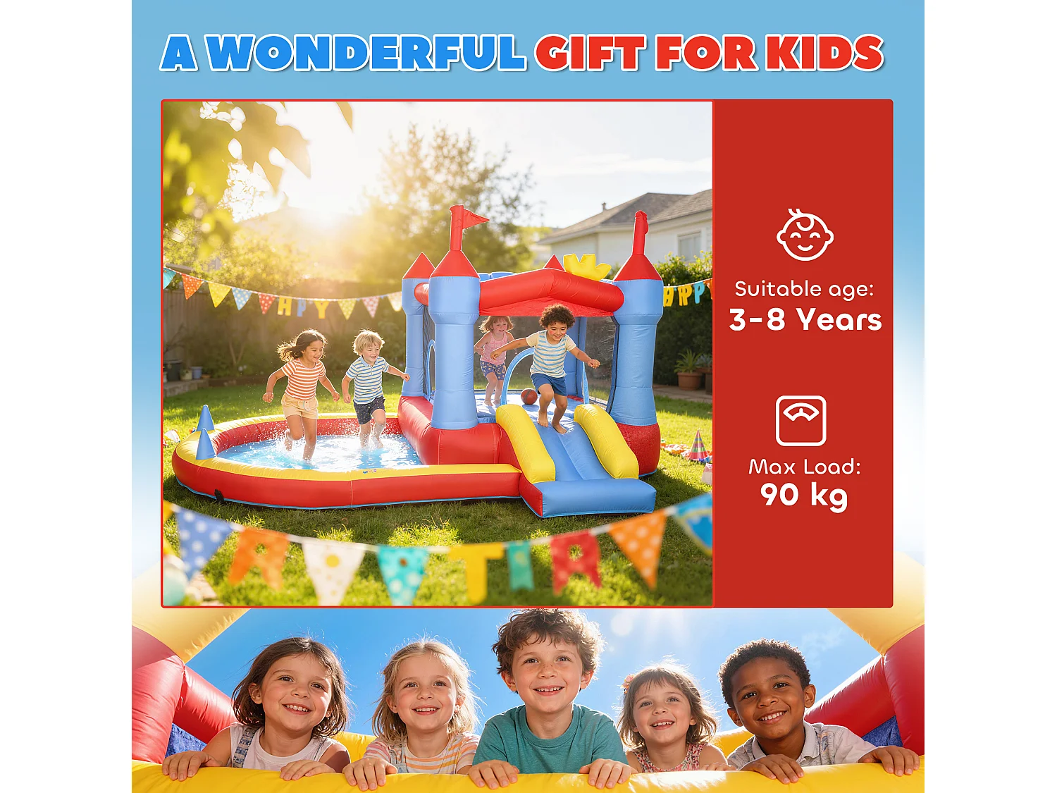 Château gonflable 4 en 1 piscine toboggan trampoline panier de basket