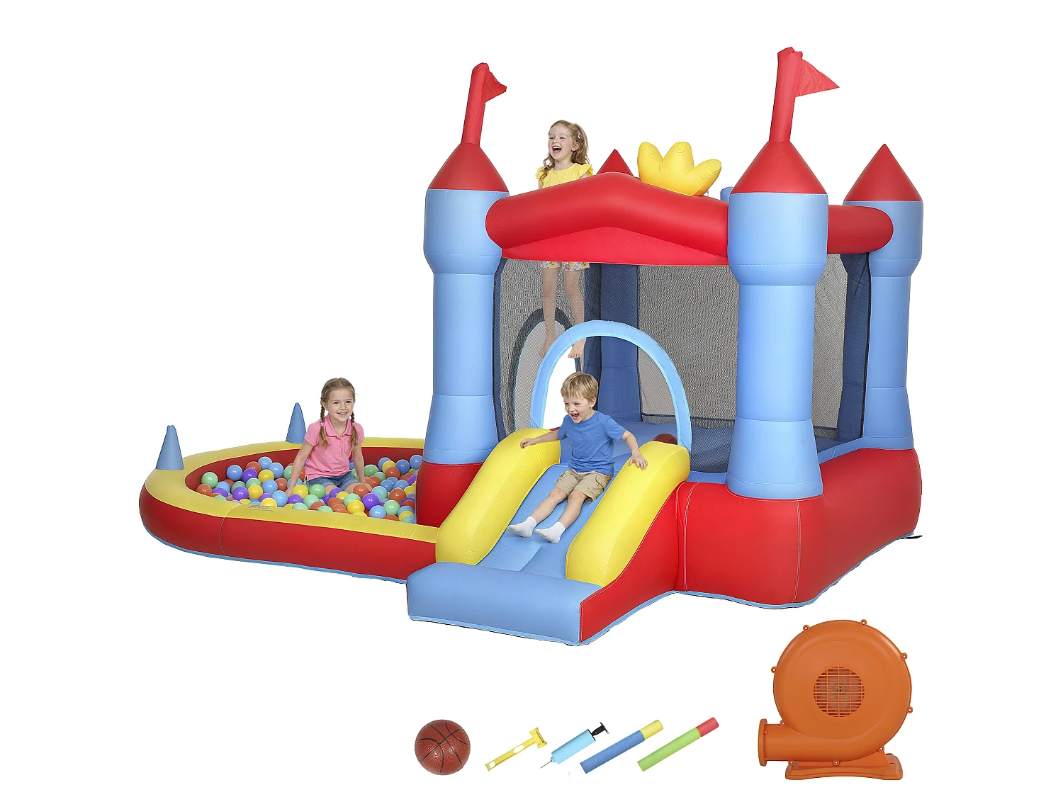 Château gonflable 4 en 1 piscine toboggan trampoline panier de basket