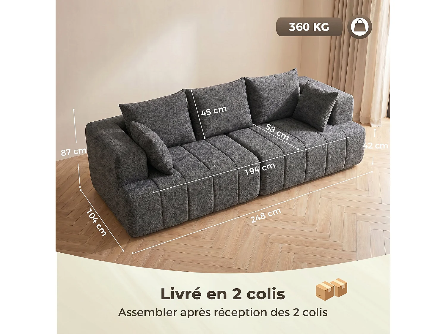 Canapé moderne 3 places en chenille 248cm, gris, siège rembourré large, coussins à ressort, larges accoudoirs, base antidérapante, 2 coussins