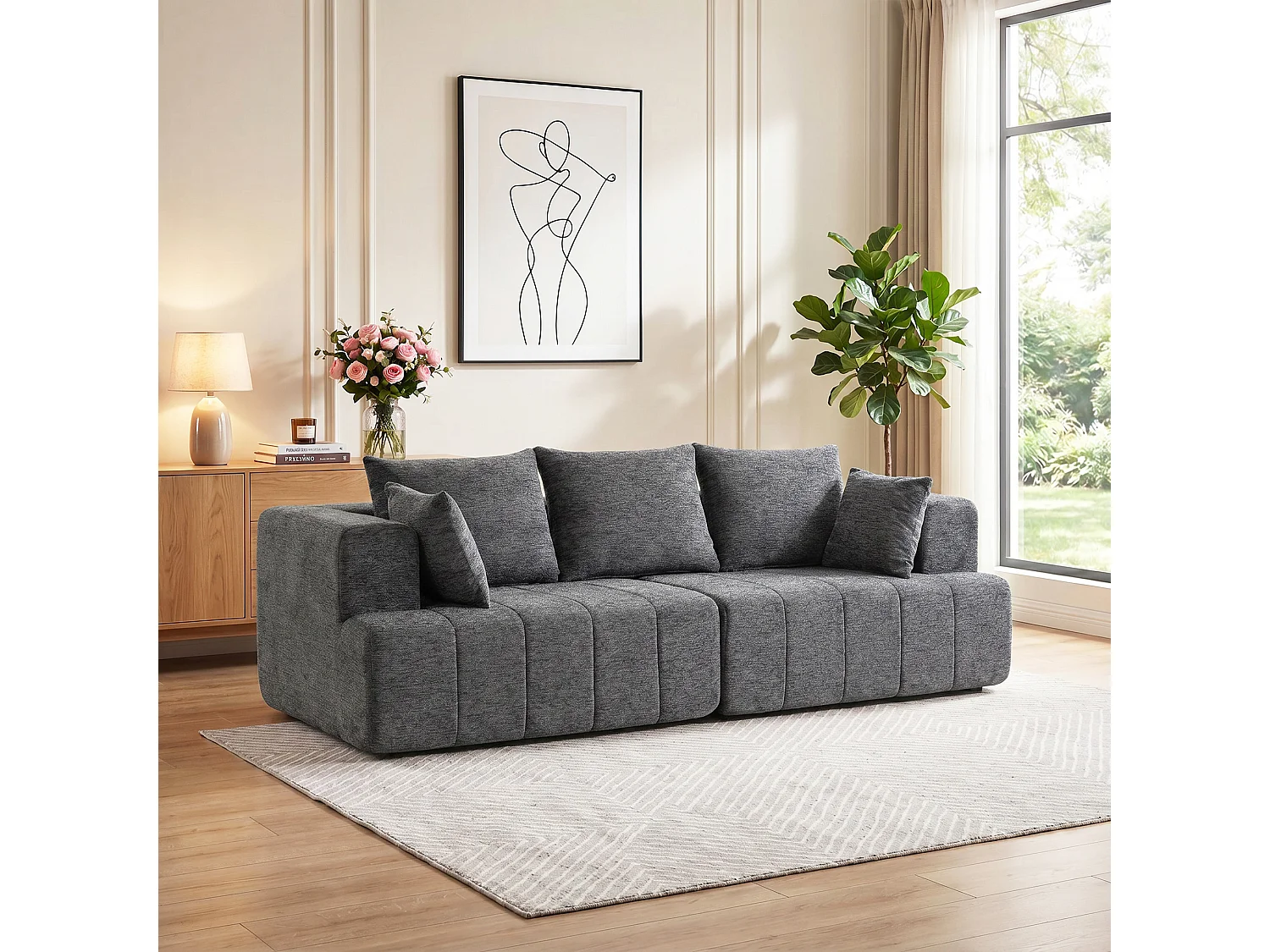 Canapé moderne 3 places en chenille 248cm, gris, siège rembourré large, coussins à ressort, larges accoudoirs, base antidérapante, 2 coussins