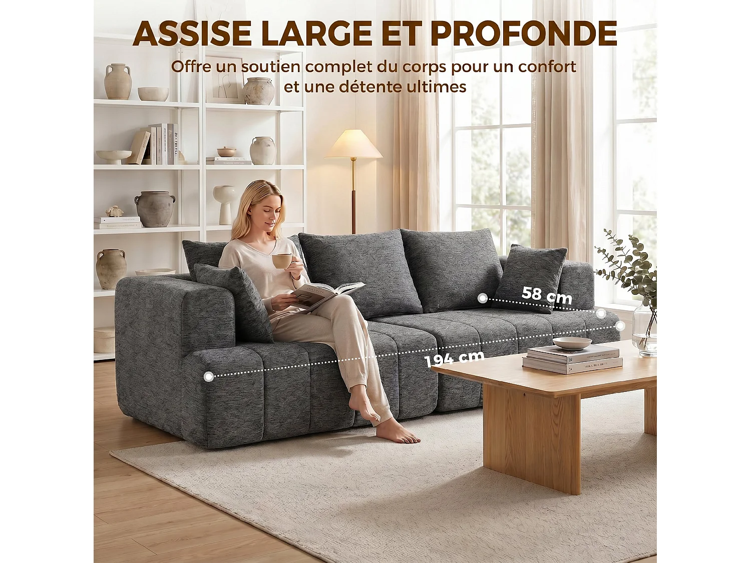 Canapé moderne 3 places en chenille 248cm, gris, siège rembourré large, coussins à ressort, larges accoudoirs, base antidérapante, 2 coussins