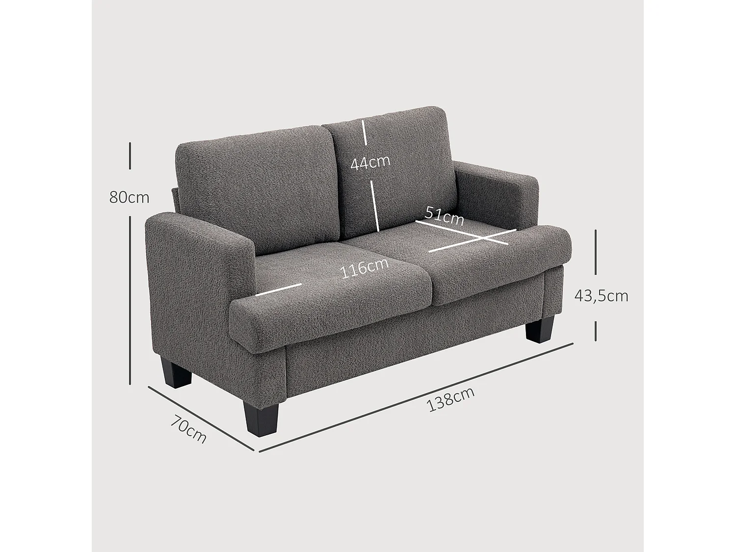 Canapé 2 places compact 140cm tissu chenille gris foncé