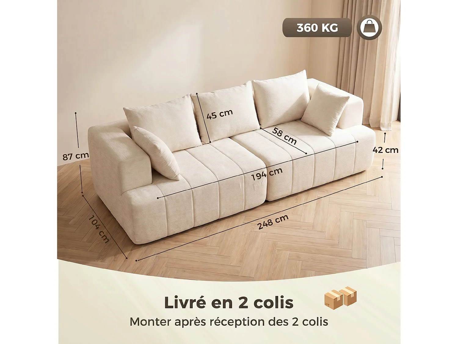 Canapé 3 Places en Chenille Moderne 248cm, Siège Épais Rembourré, Coussins à Ressorts, Accoudoirs larges, Base Antidérapante, Beige/Gris