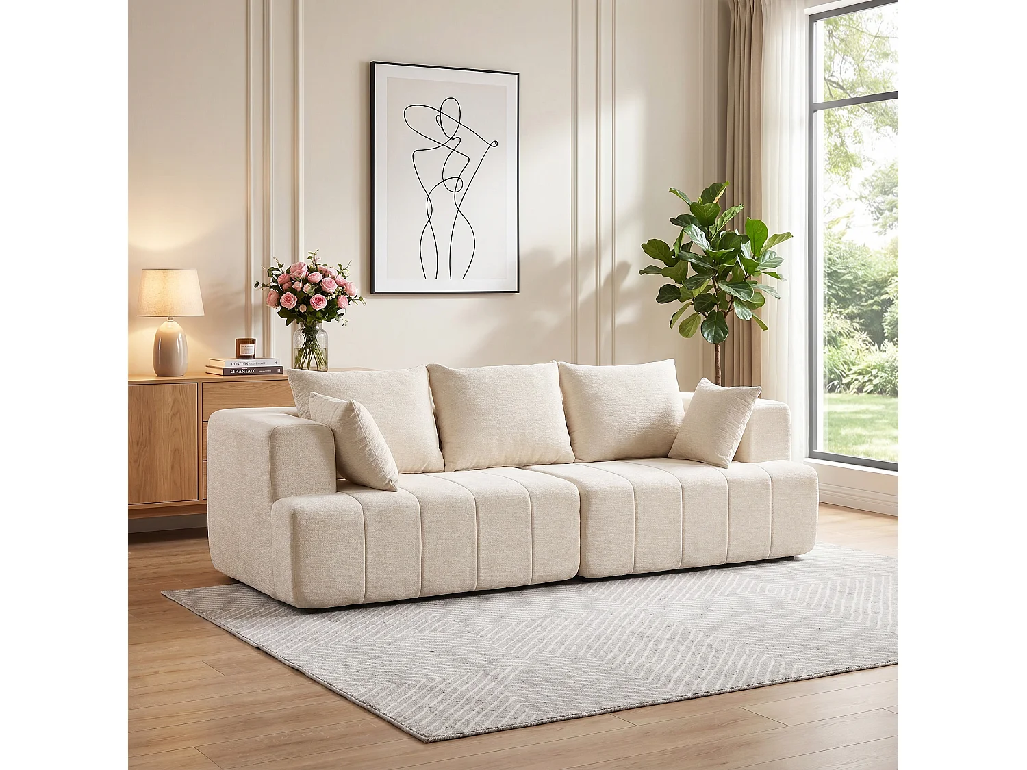 Canapé 3 Places en Chenille Moderne 248cm, Siège Épais Rembourré, Coussins à Ressorts, Accoudoirs larges, Base Antidérapante, Beige/Gris