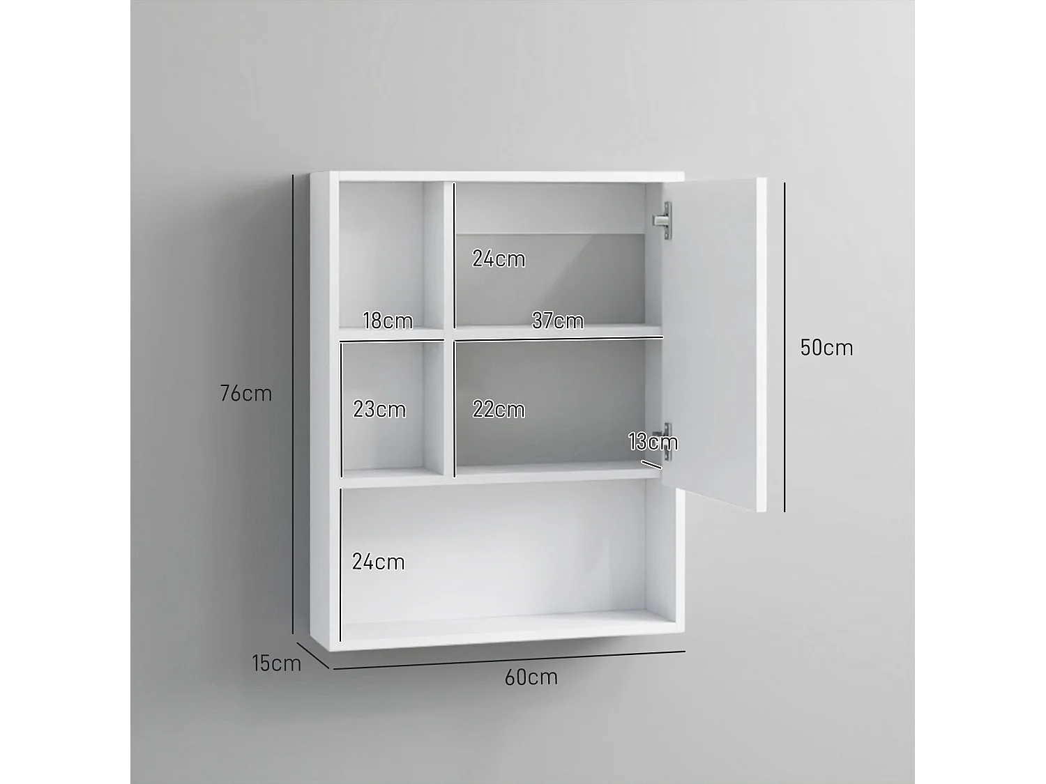 Armoire murale miroir salle de bain porte étagère 3 niches 60 x 15 x 76 cm blanc