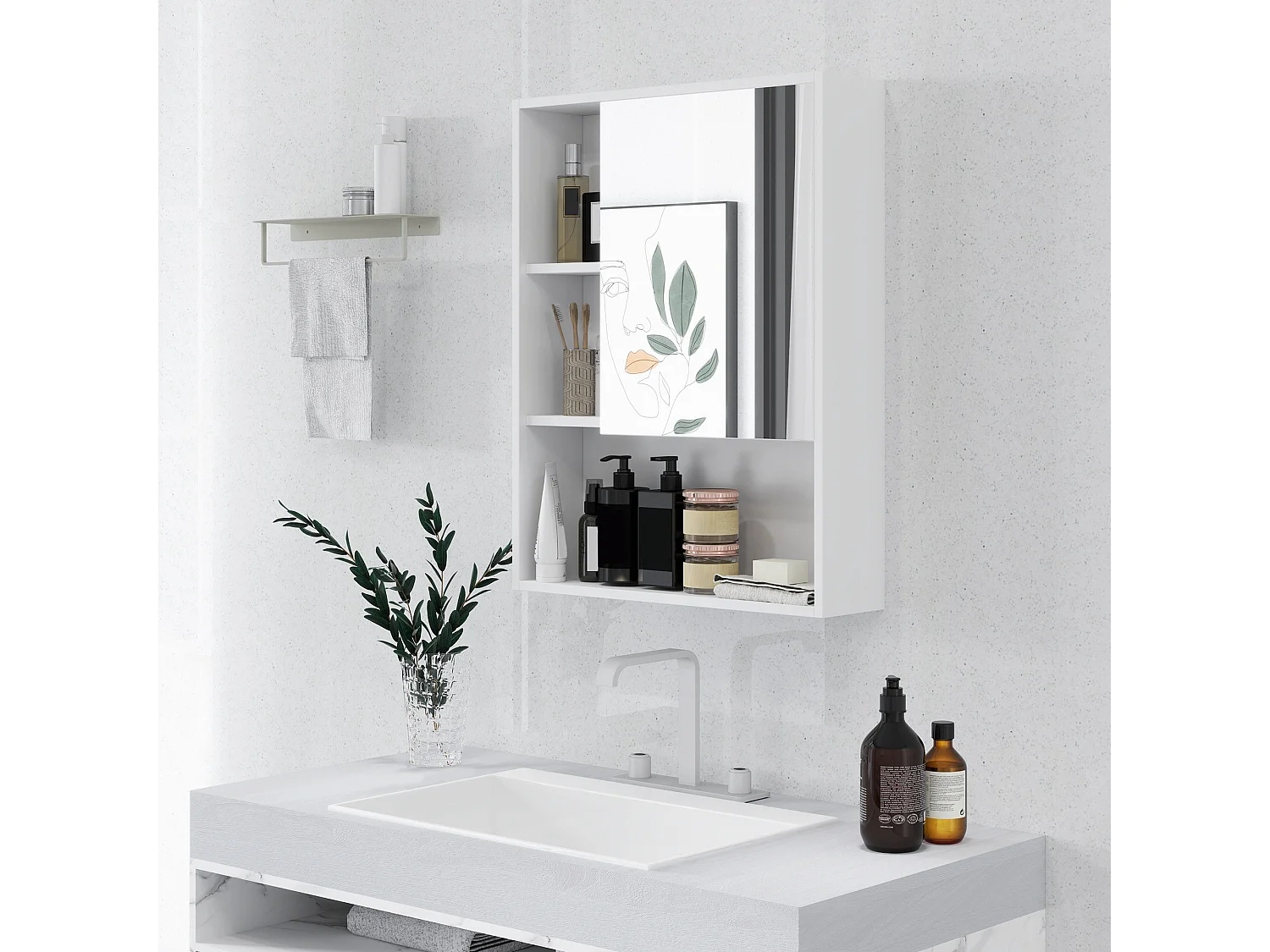 Armoire murale miroir salle de bain porte étagère 3 niches 60 x 15 x 76 cm blanc